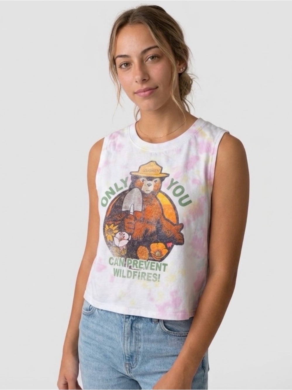 Smokey Bear White Tie-Dye Graphic Tank Top